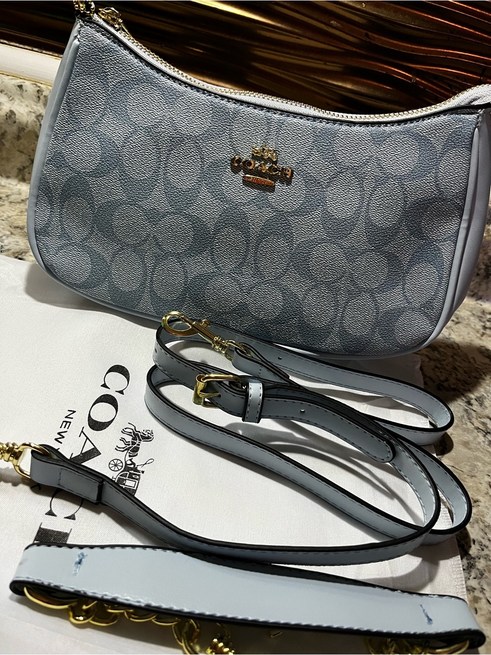 Coach Light Blue Signature Canvas Crossbody Bag with Gold Hardware